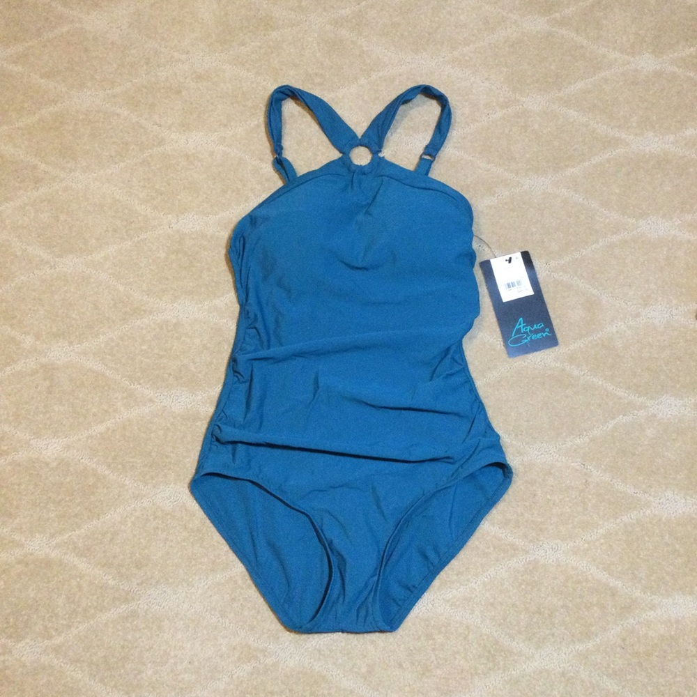 Aqua Green NWT High-Neck Ring Detail One-Piece Swimsuit, Medium 8/10